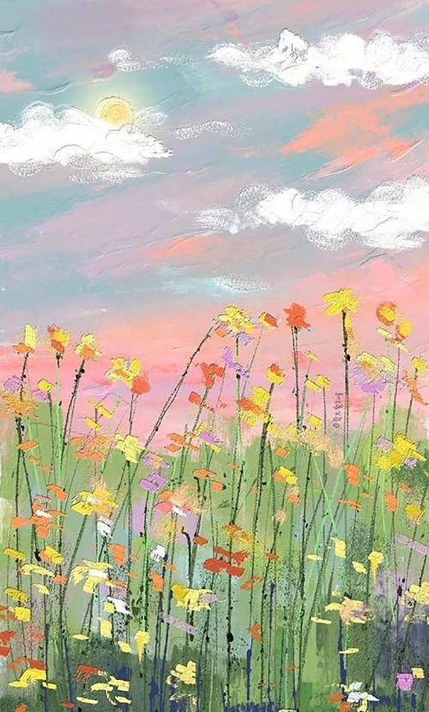 Wildflower sky clouds flowers wall decor textured Oil Paintings